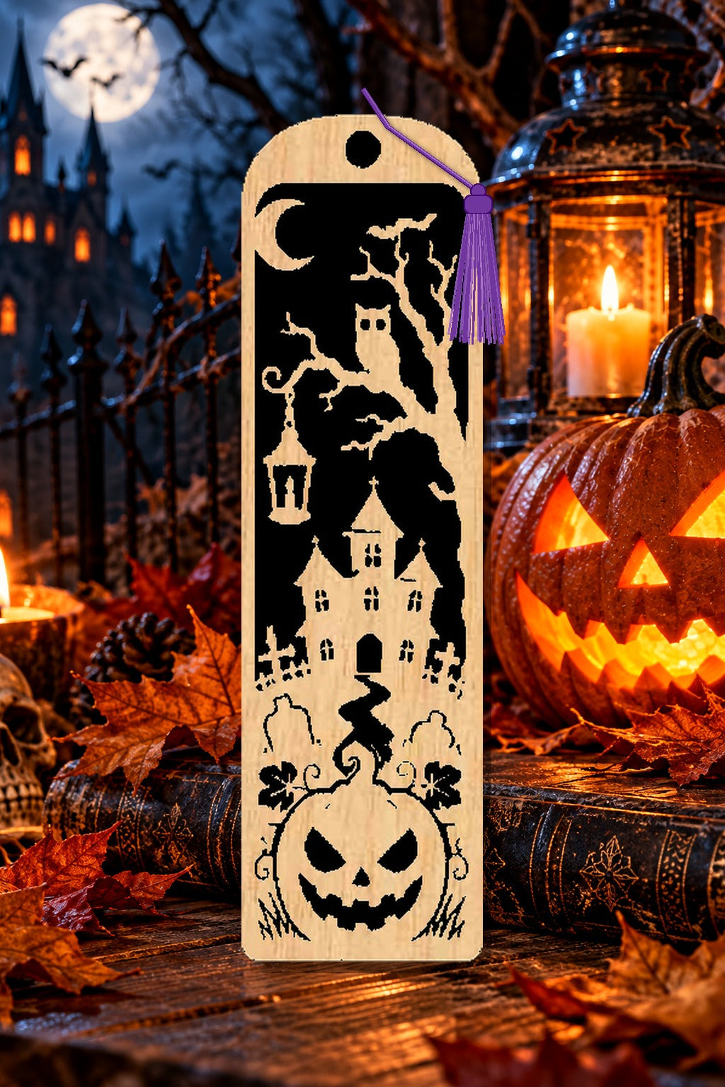 Segnalibro Halloween – Castello del gufo, in legno con nappa viola