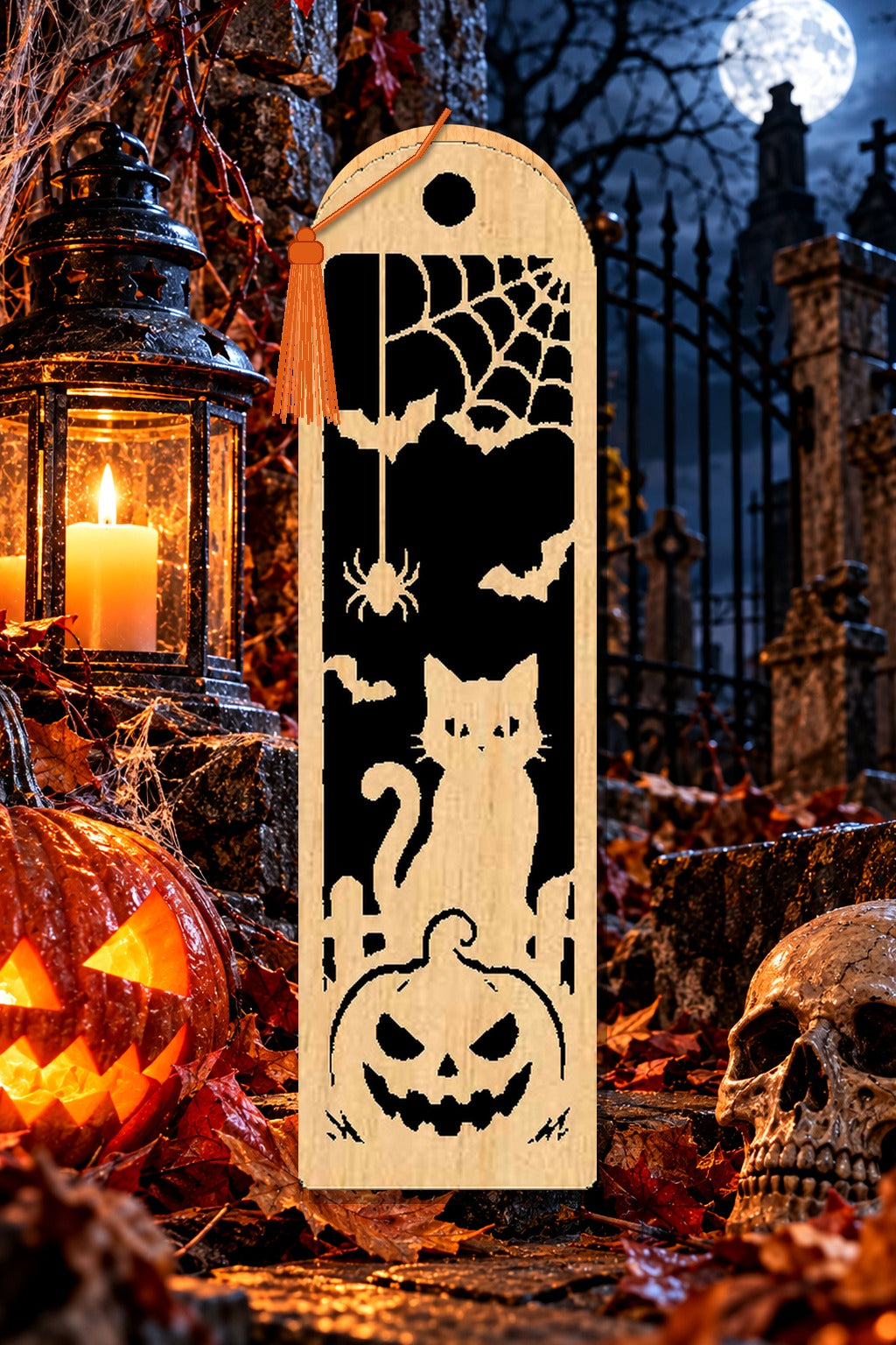 Segnalibro Halloween – Gatto e ragnatela, in legno con nappa arancione