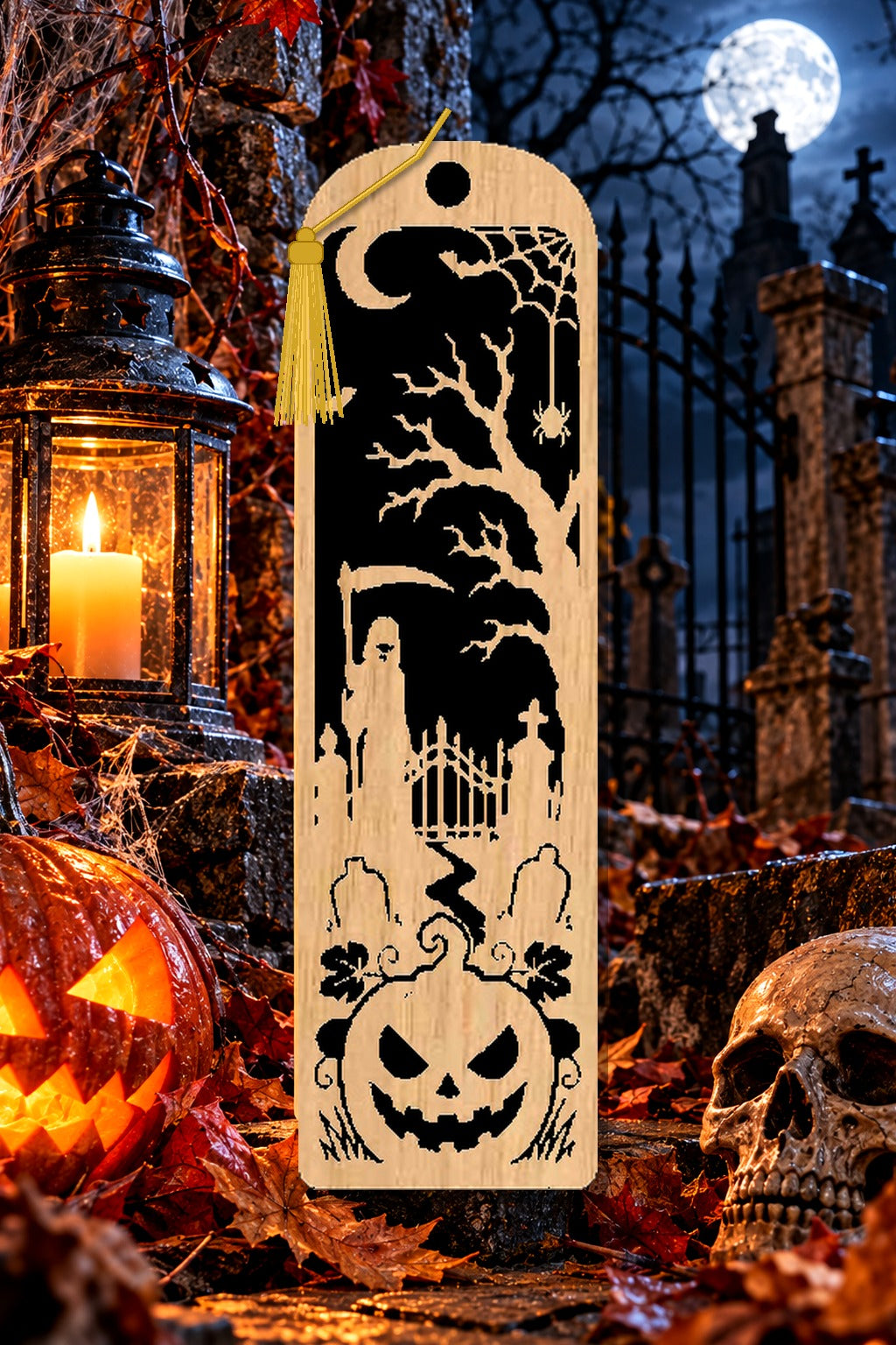 Segnalibro Halloween – Custode del cimitero, in legno con nappa giallo