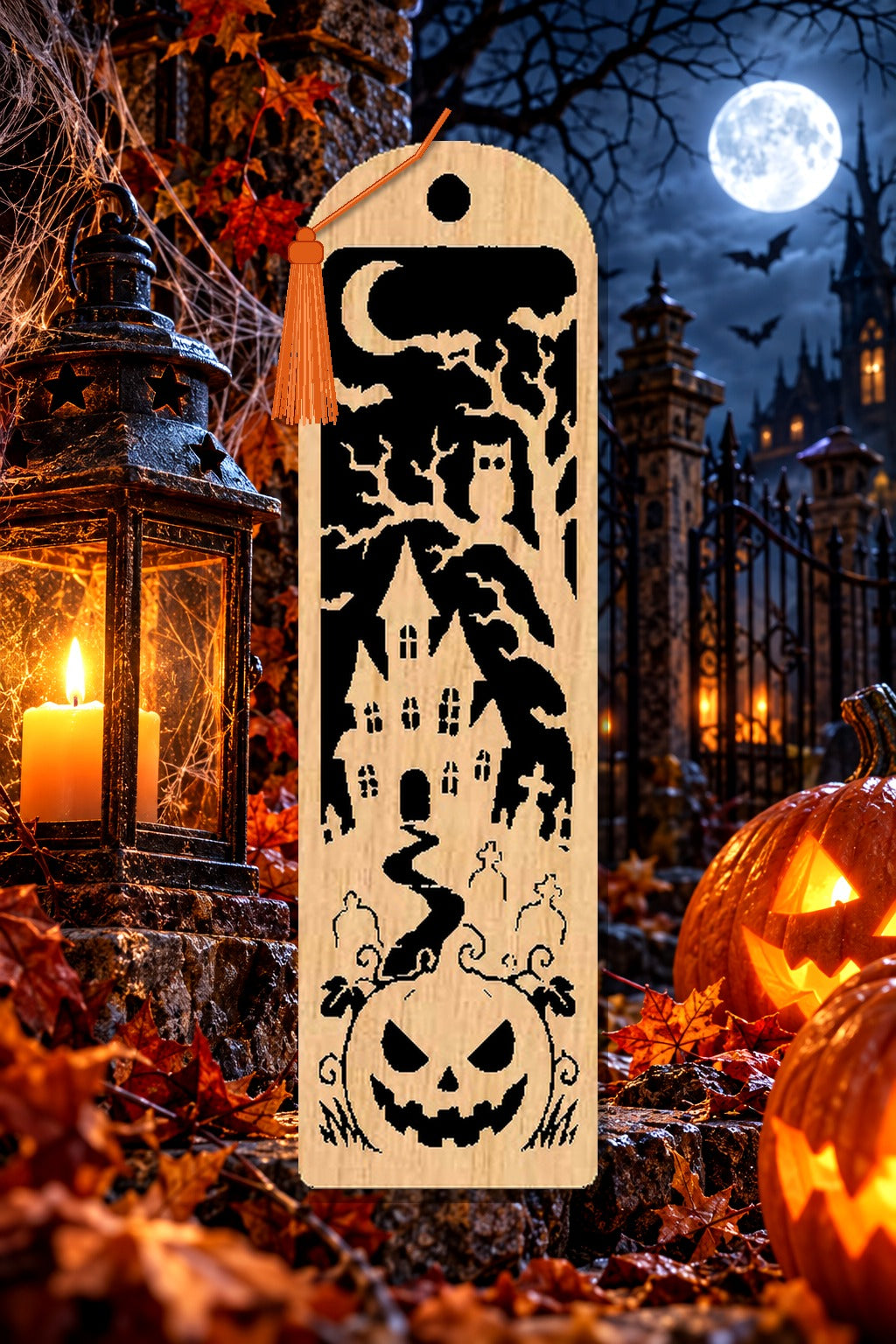 Segnalibro Halloween – Sentiero del castello, in legno con nappa arancione