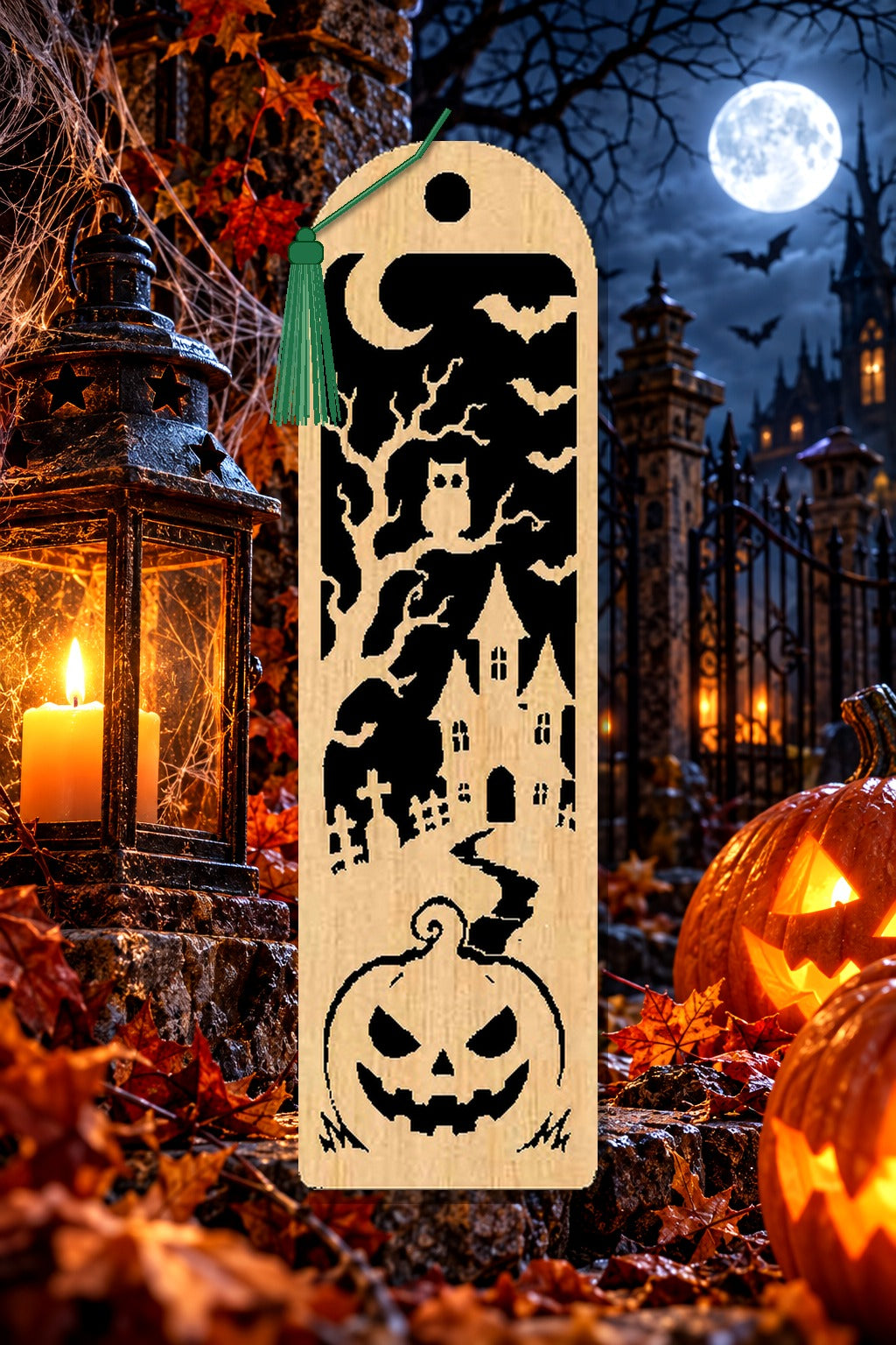 Segnalibro Halloween – Torre del gufo lunare, in legno con nappa verde