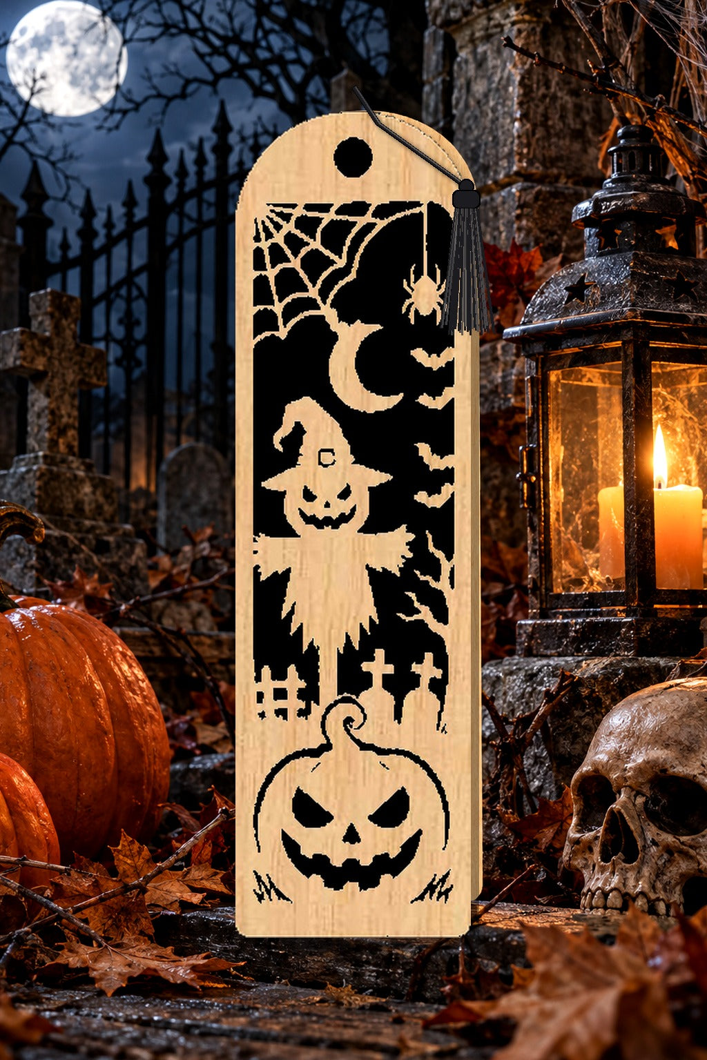 Segnalibro Halloween – Spaventapasseri sotto la luna, in legno con nappa nero