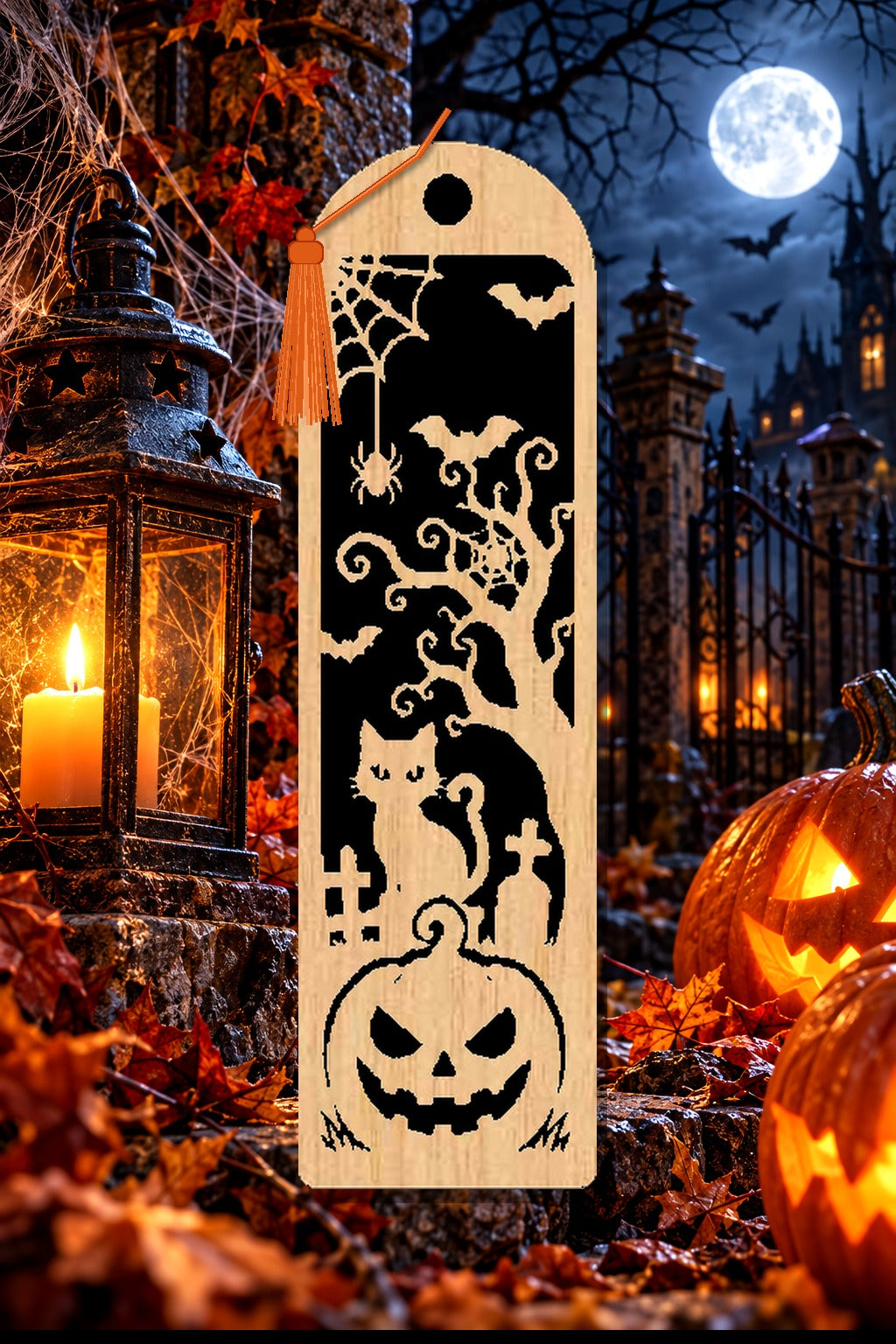Segnalibro Halloween – Gatto e albero contorto, in legno con nappa arancione