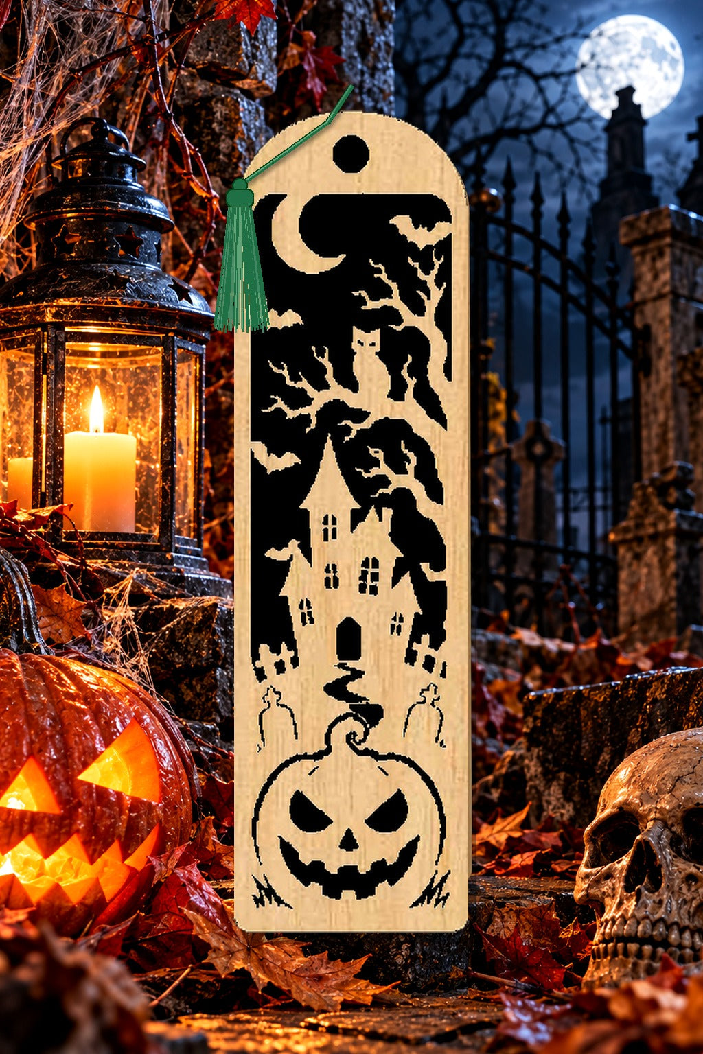 Segnalibro Halloween – Gufo sull’albero del castello, in legno con nappa verde