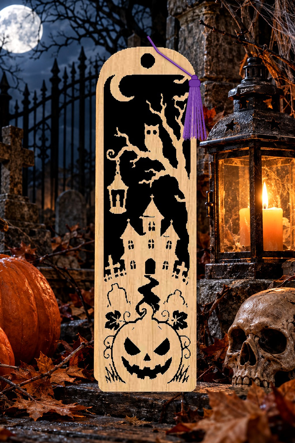 Segnalibro Halloween – Castello del gufo, vista alternativa con nappa viola