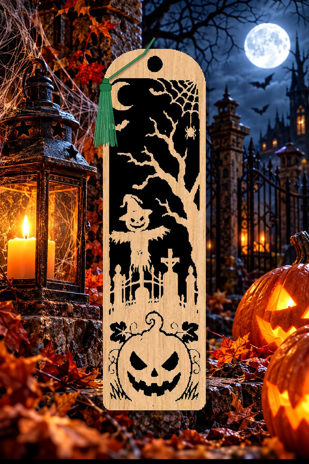 Segnalibro Halloween – Spaventapasseri al cancello, in legno con nappa verde