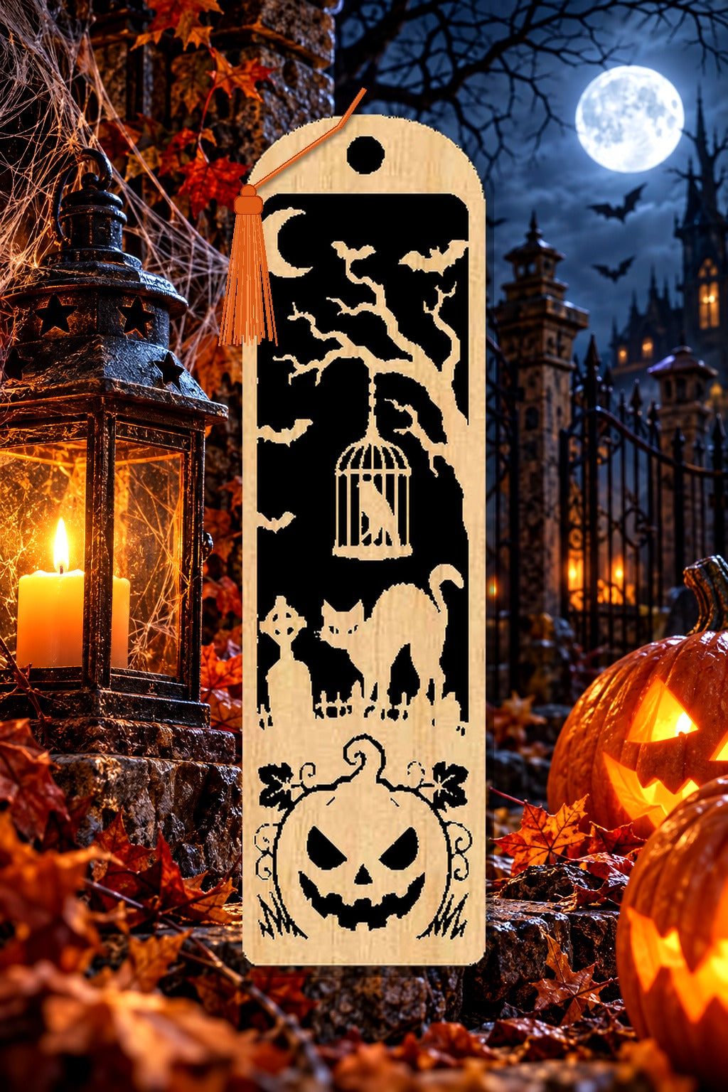 Segnalibro Halloween – Gatto sotto la gabbietta, in legno con nappa arancione