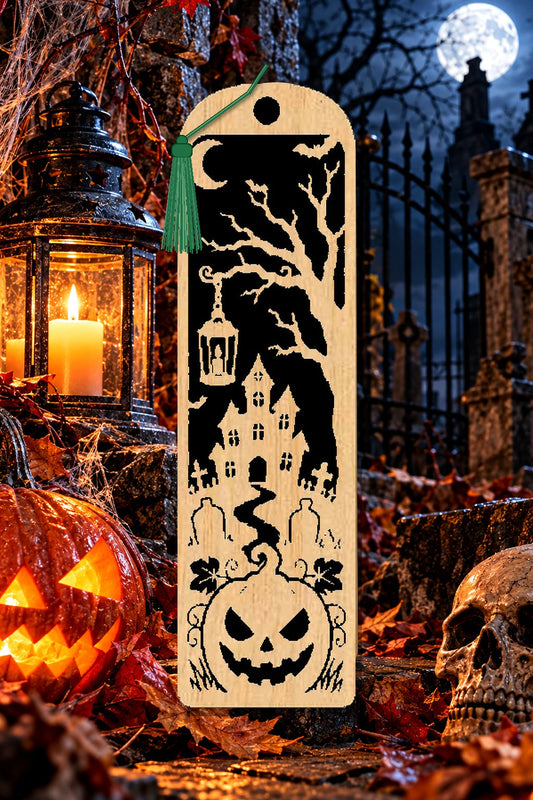 Segnalibro Halloween – Castello e lanterna, in legno con nappa verde