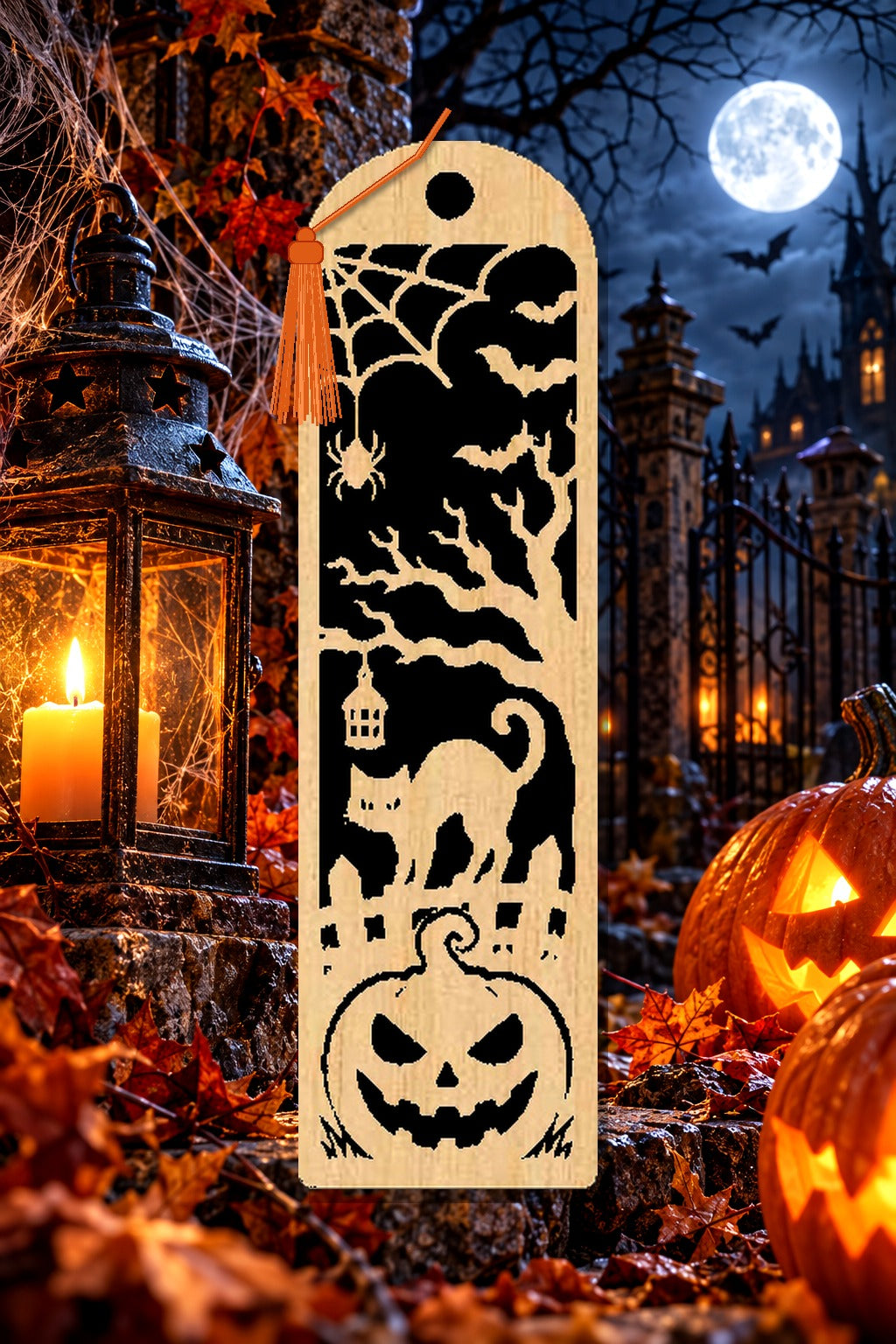 Segnalibro Halloween – Gatto e lanterna, in legno con nappa arancione