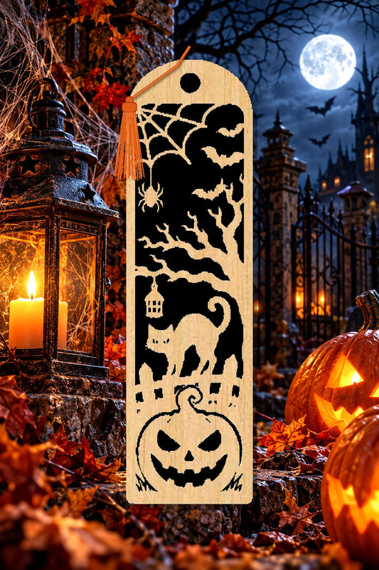 Segnalibro Halloween – Gatto e lanterna, in legno con nappa arancione