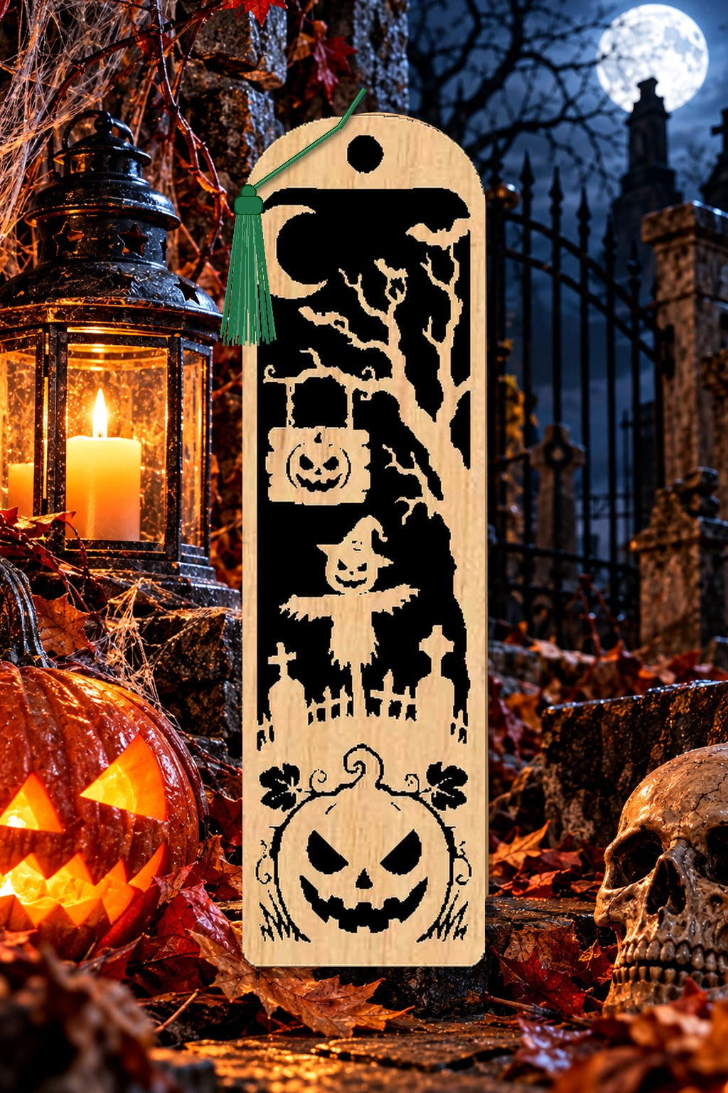 Segnalibro Halloween – Spaventapasseri e zucca sospesa, in legno con nappa verde