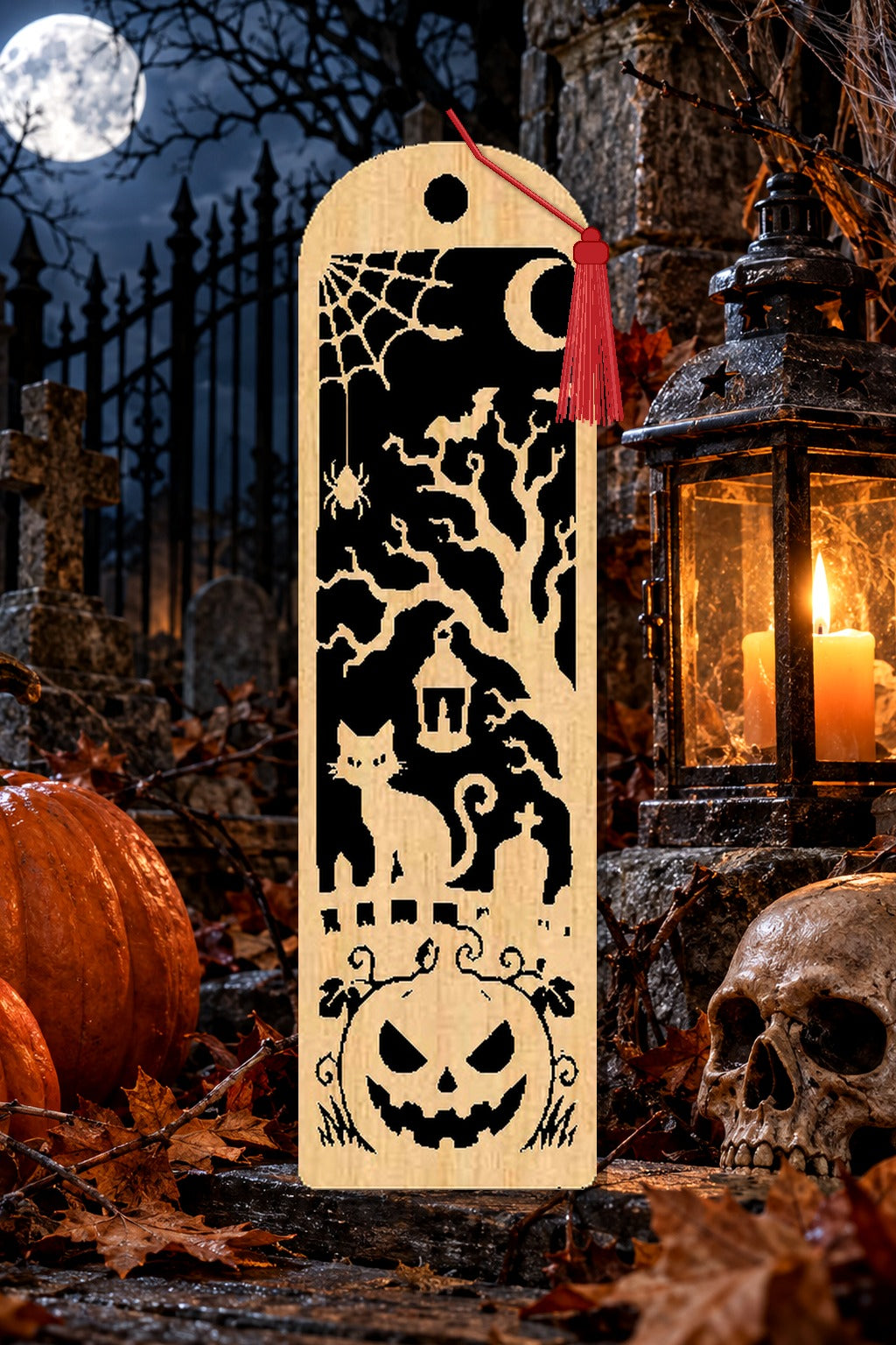 Segnalibro Halloween – Gatto sotto l’albero, in legno con nappa rosso