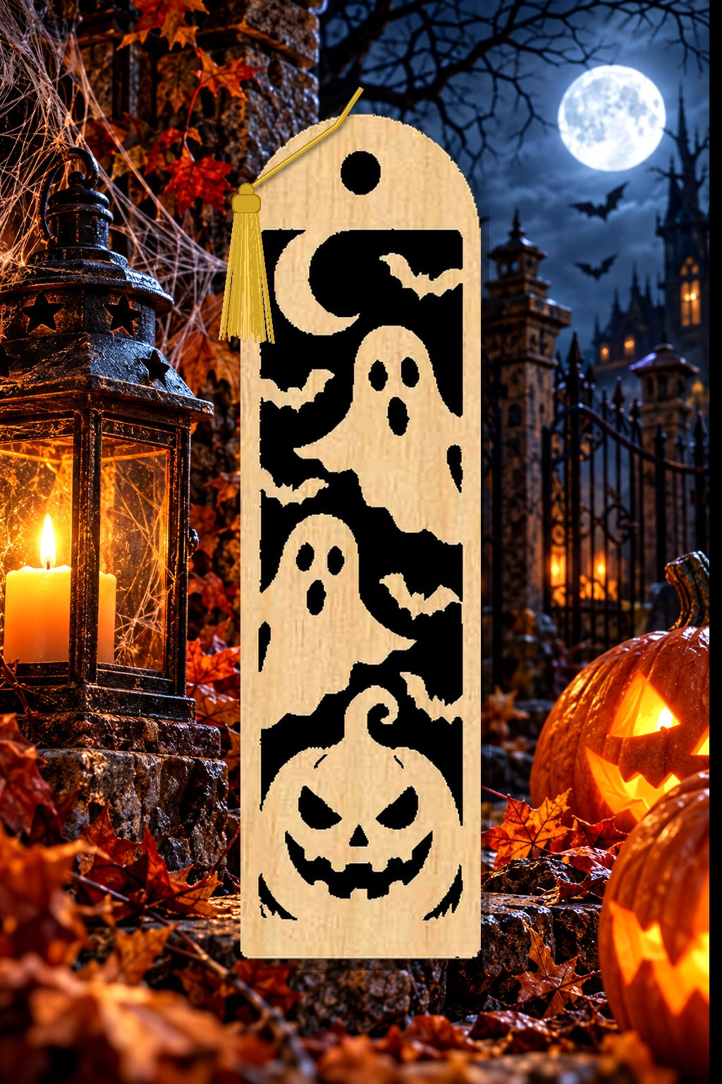 Segnalibro Halloween – Fantasmini, in legno con nappa giallo