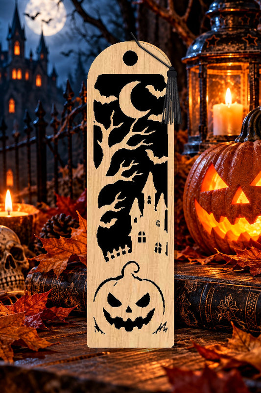 Segnalibro Halloween – Torre nella notte, in legno con nappa nero