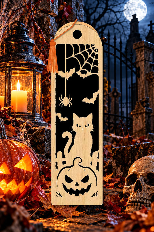 Segnalibro Halloween – Gatto e ragnatela, in legno con nappa arancione