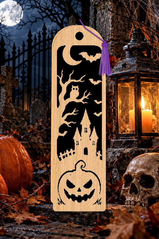 Segnalibro Halloween – Gufo e torre, in legno con nappa viola