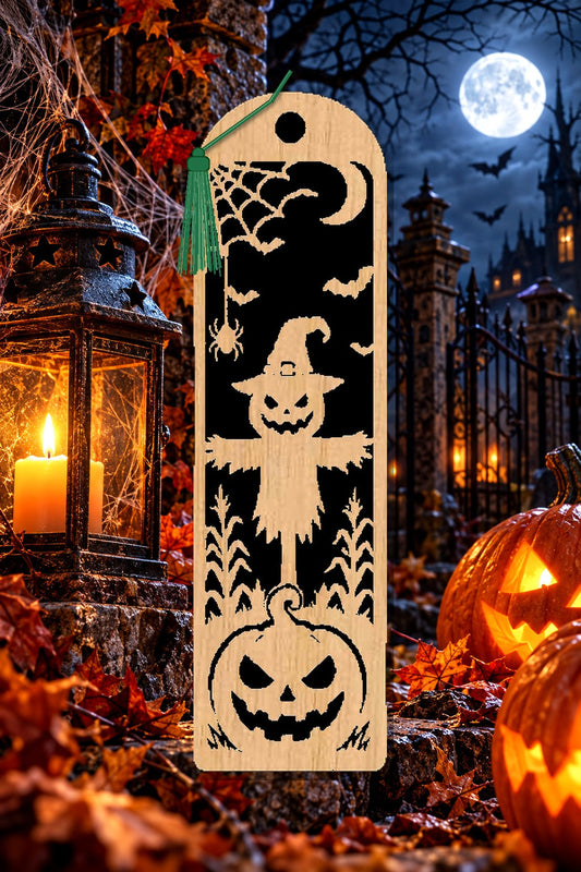 Segnalibro Halloween – Spaventapasseri nel mais, in legno con nappa verde