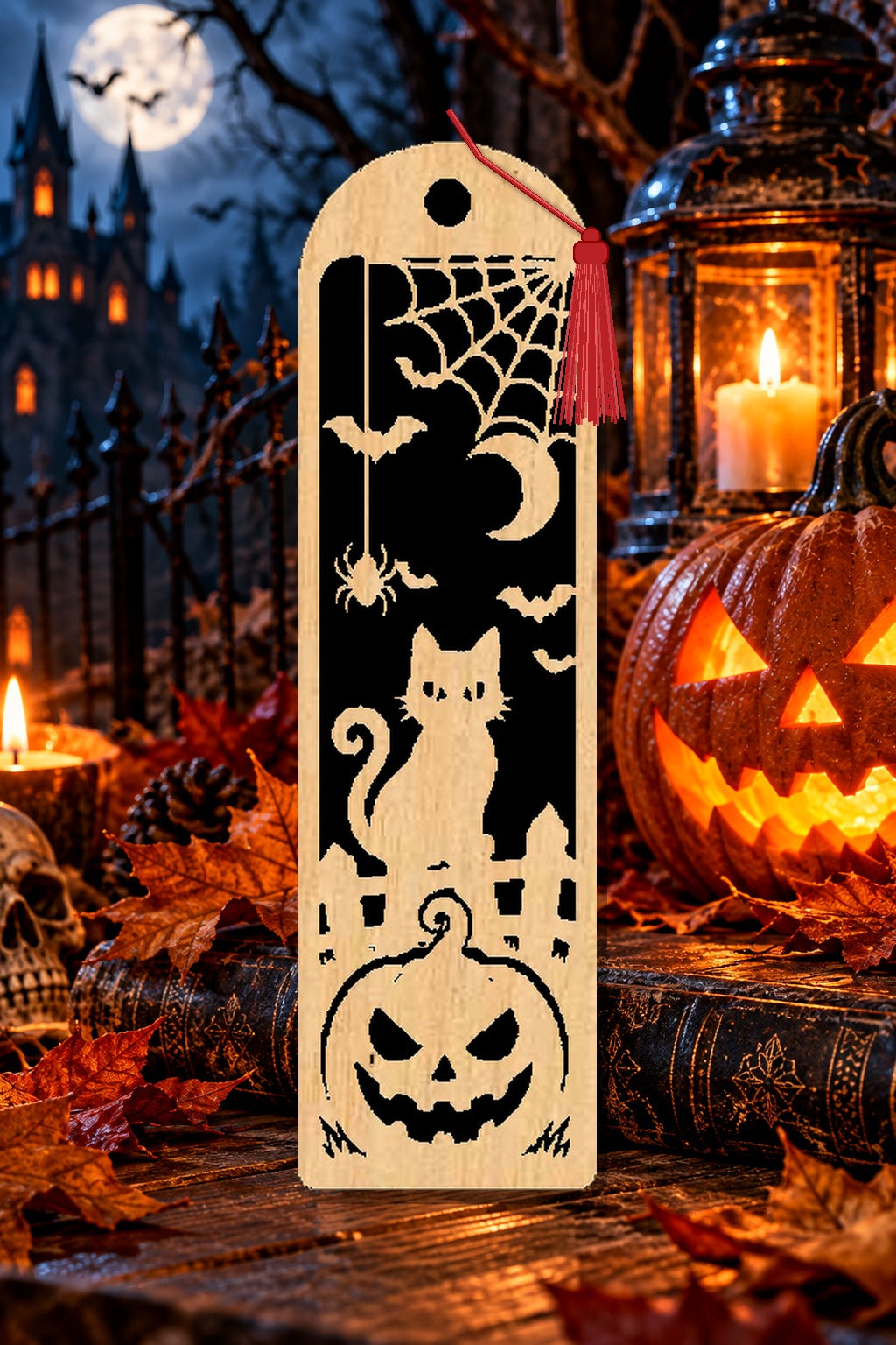 Segnalibro Halloween – Gatto al chiaro di luna, in legno con nappa rosso