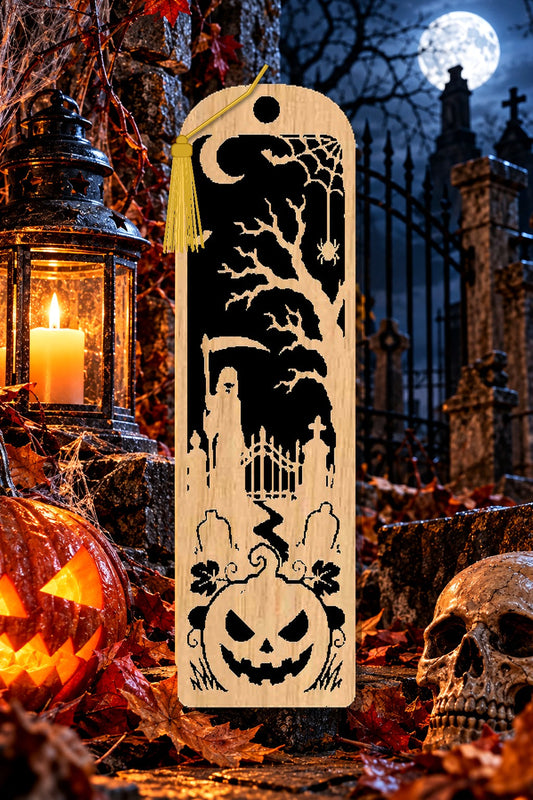 Segnalibro Halloween – Custode del cimitero, in legno con nappa giallo