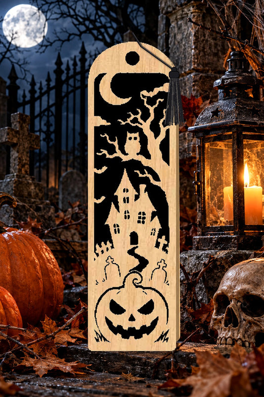 Segnalibro Halloween – Dimora del gufo, in legno con nappa nero