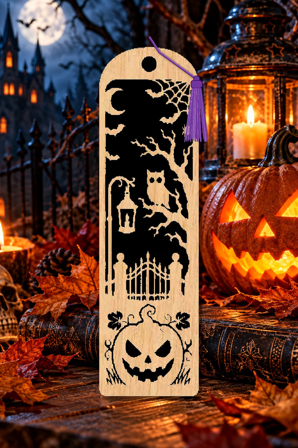 Segnalibro Halloween – Gufo al cancello, in legno con nappa viola