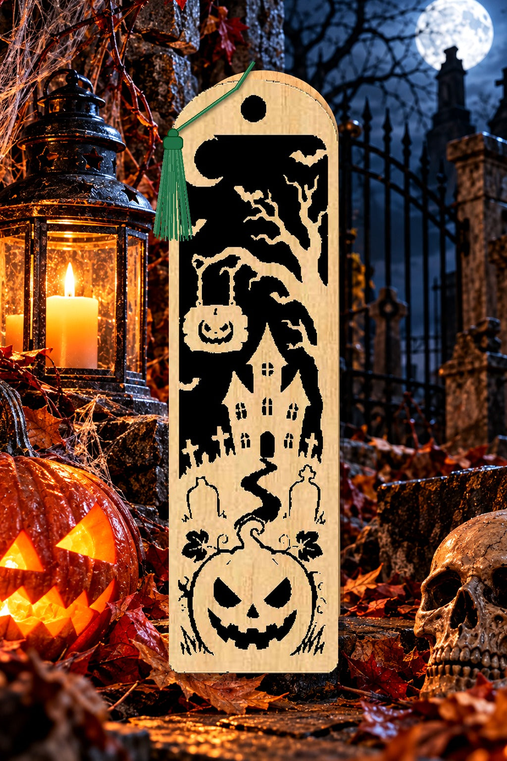 Segnalibro Halloween – Castello e zucca sospesa, in legno con nappa verde