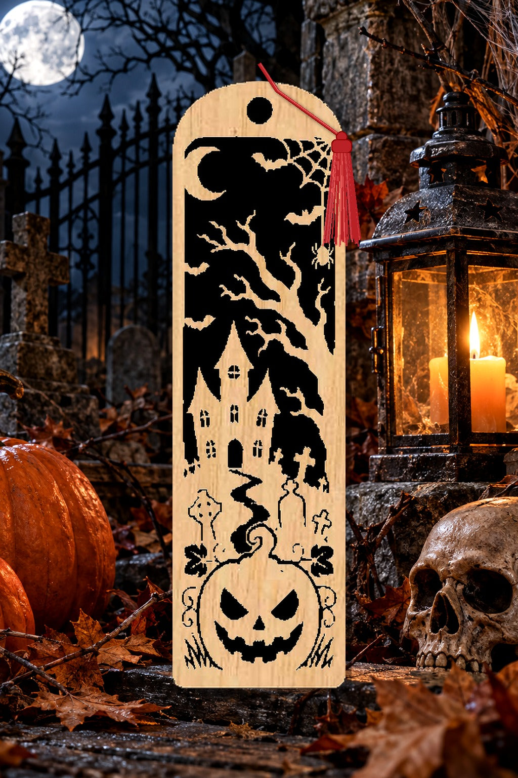 Segnalibro Halloween – Castello nel cimitero, in legno con nappa rosso