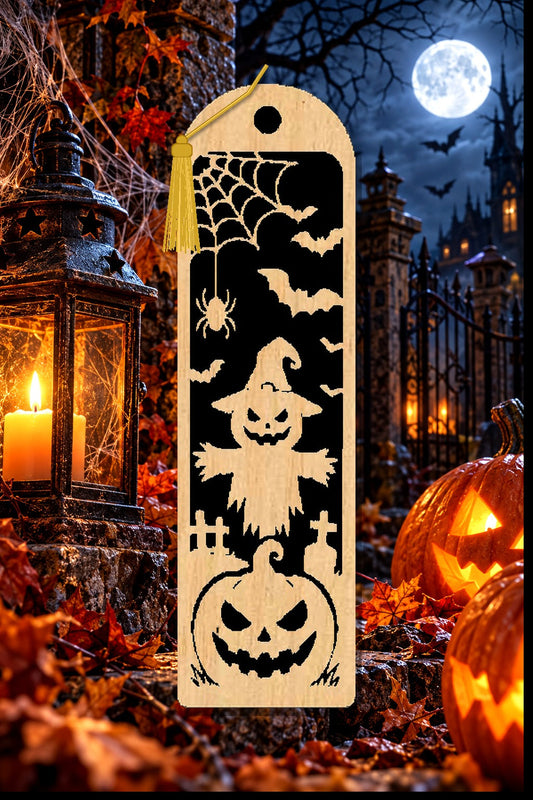 Segnalibro Halloween – Spaventapasseri e pipistrelli, in legno con nappa giallo