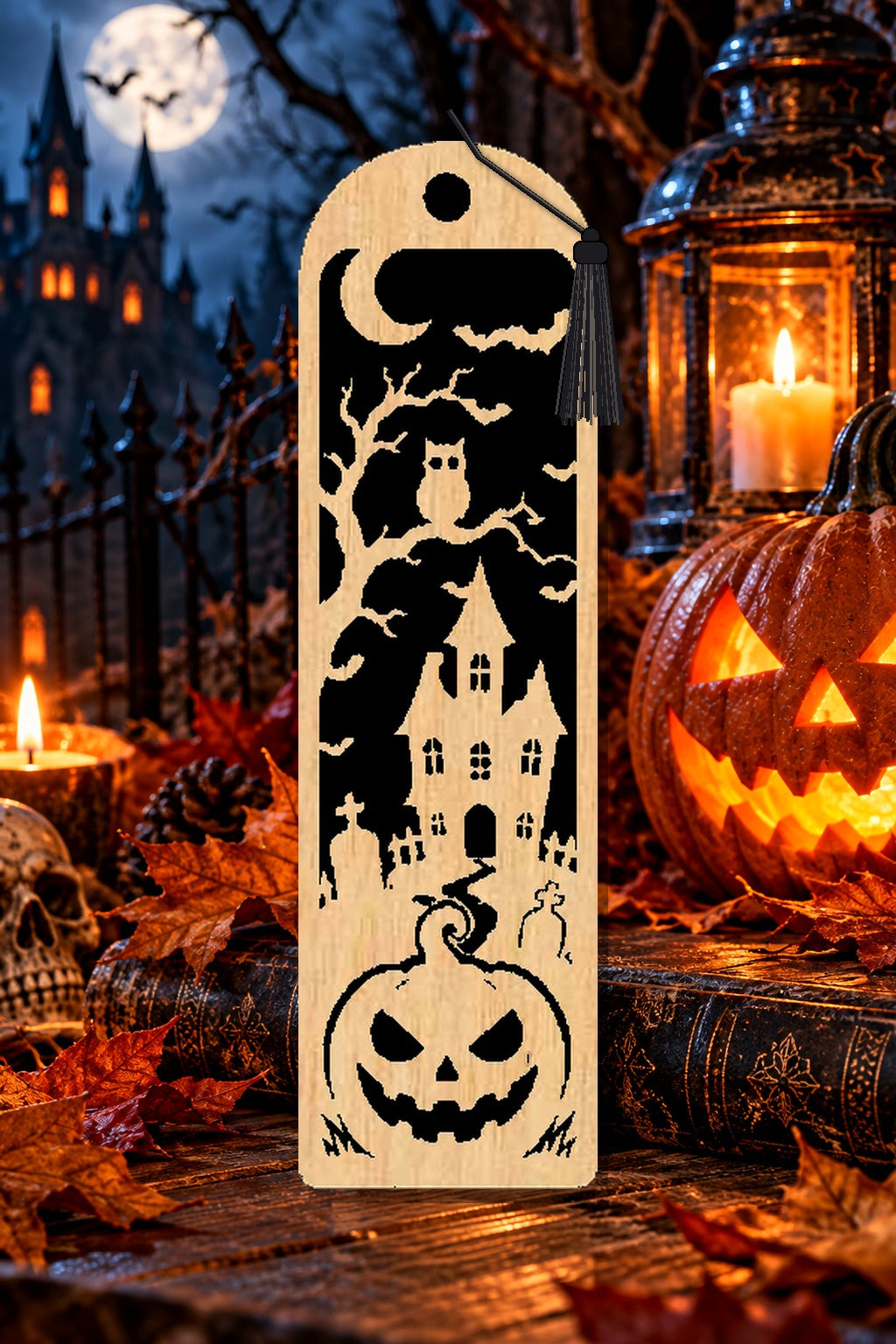 Segnalibro Halloween – Gufo sulla dimora stregata, in legno con nappa nero