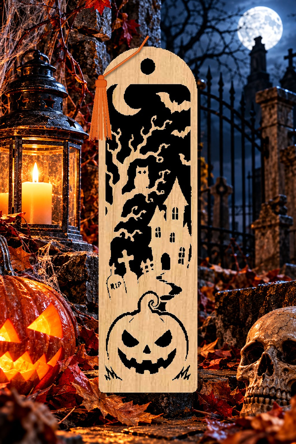 Segnalibro Halloween – Gufo e torre del cimitero, in legno con nappa arancione