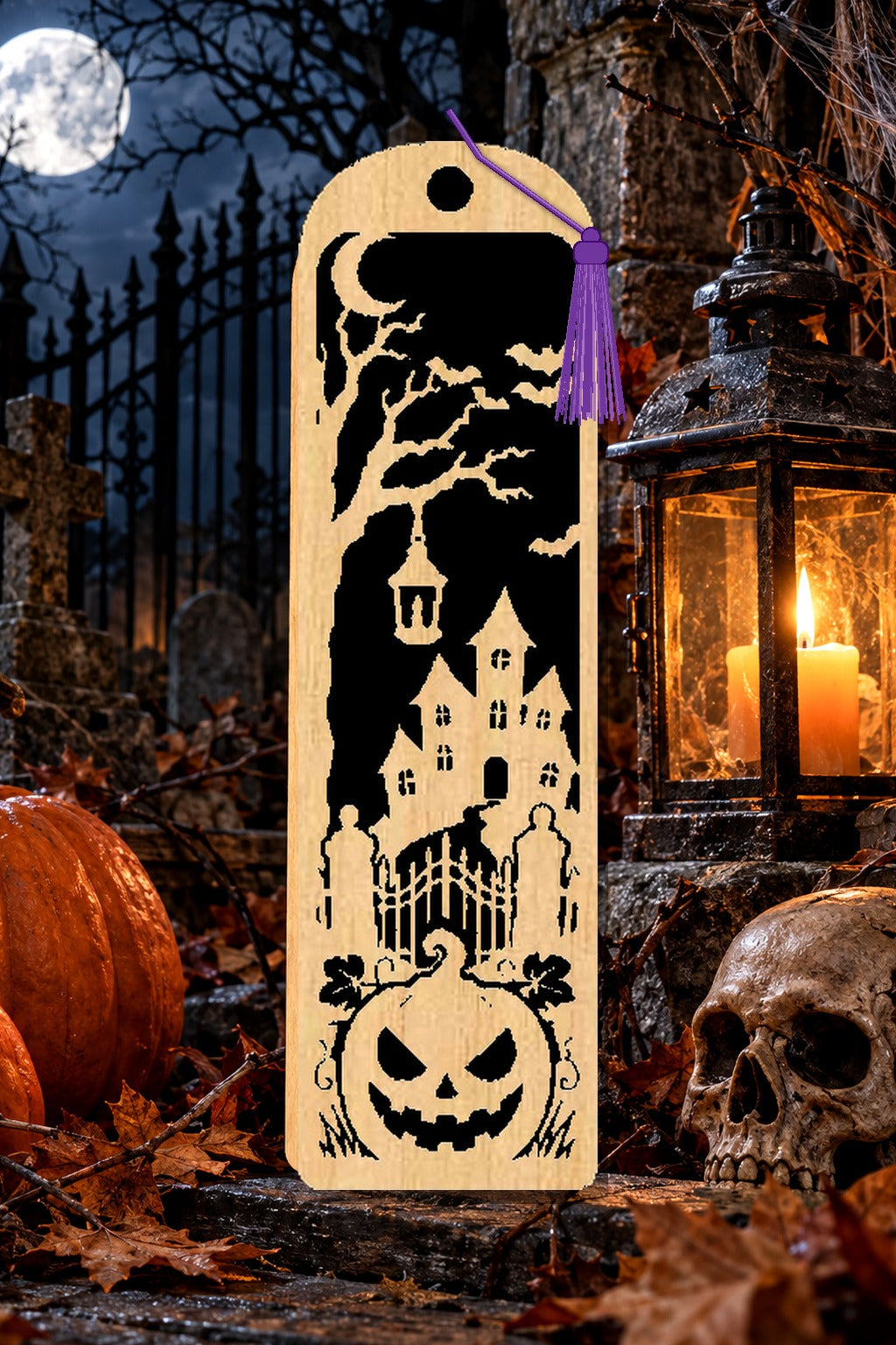 Segnalibro Halloween – Castello oltre il cancello, in legno con nappa viola