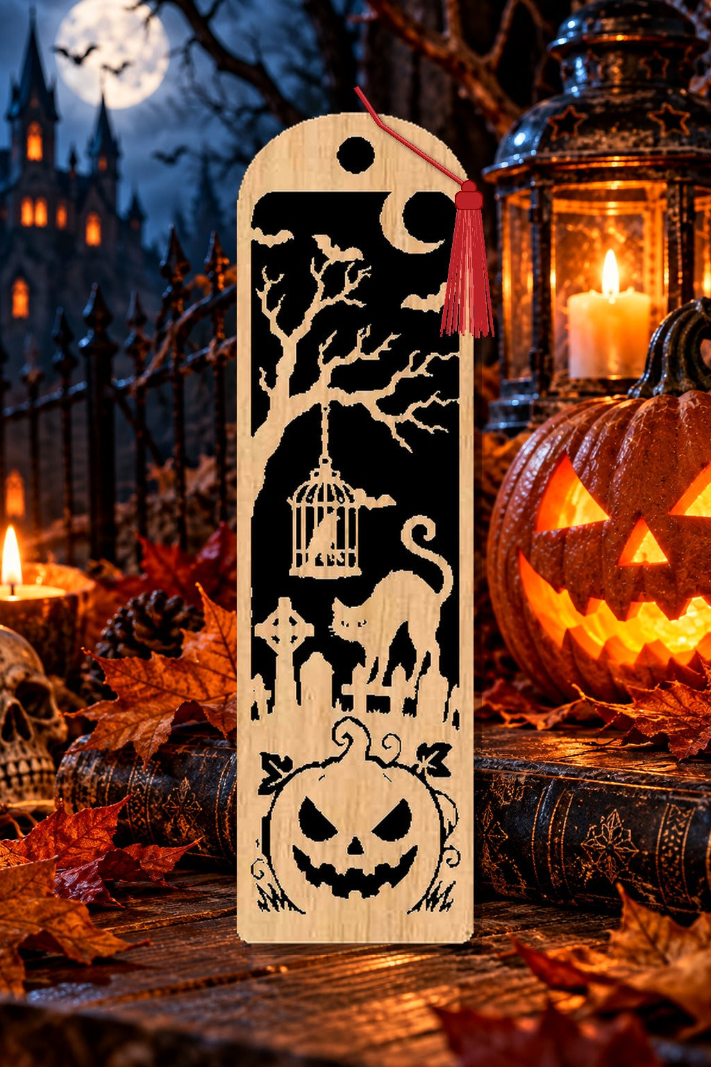 Segnalibro Halloween – Gatto e gabbietta, in legno con nappa rosso