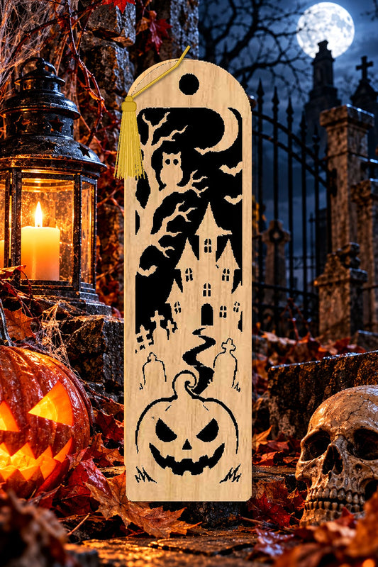 Segnalibro Halloween – Castello sotto la luna, in legno con nappa giallo
