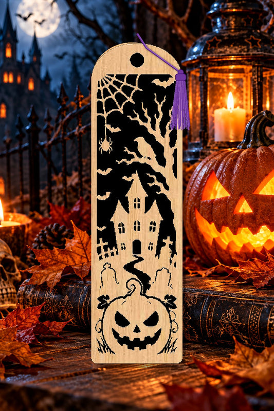 Segnalibro Halloween – Castello e ragnatela, in legno con nappa viola