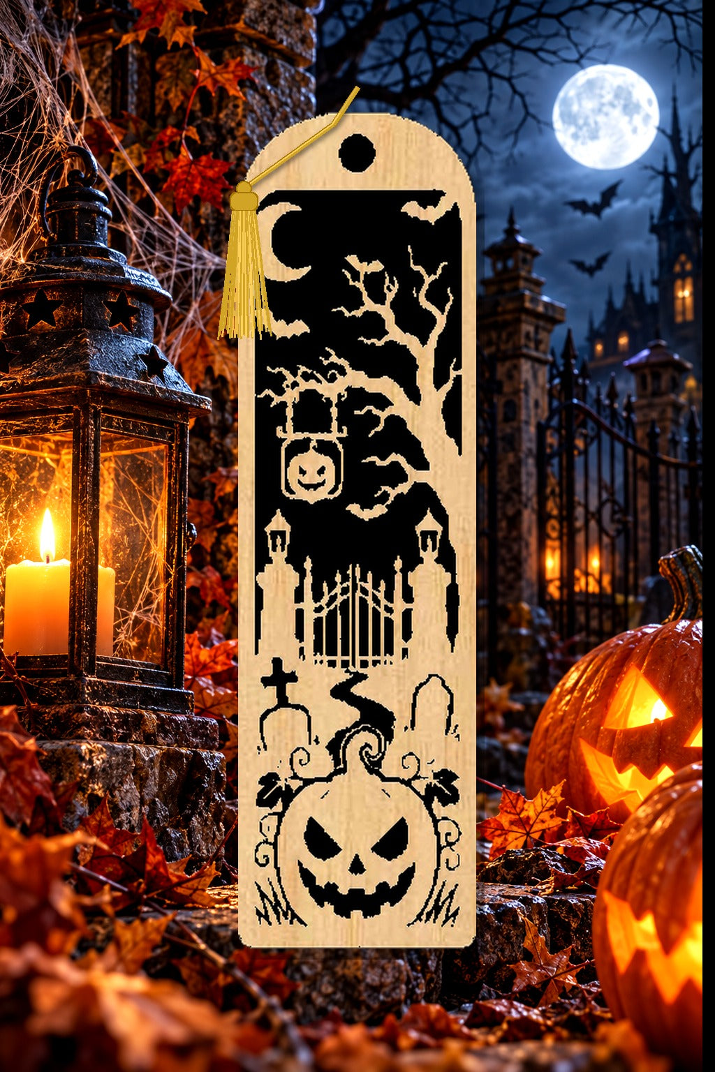 Segnalibro Halloween – Cancello e zucca sospesa, in legno con nappa giallo