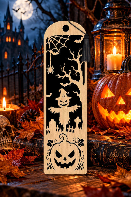 Segnalibro Halloween – Spaventapasseri e ragnatela, in legno con nappa nero