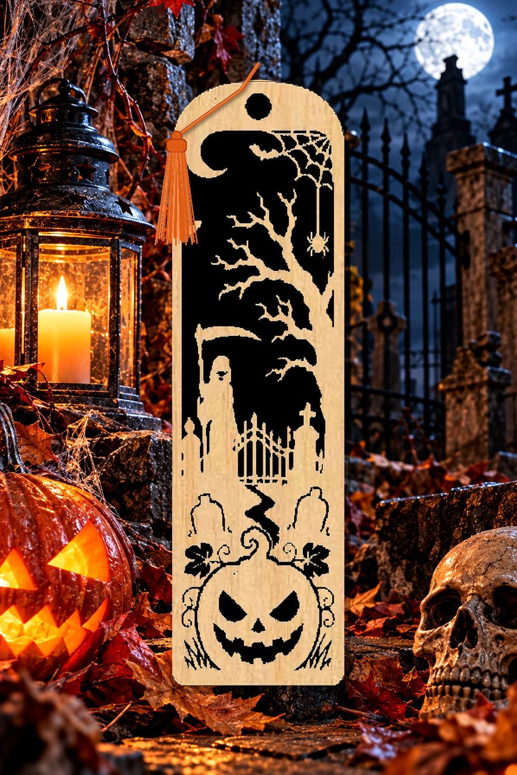 Segnalibro Halloween – Custode del cimitero, in legno con nappa arancione
