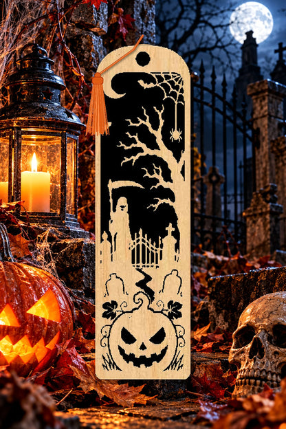 Segnalibro Halloween – Custode del cimitero, in legno con nappa arancione