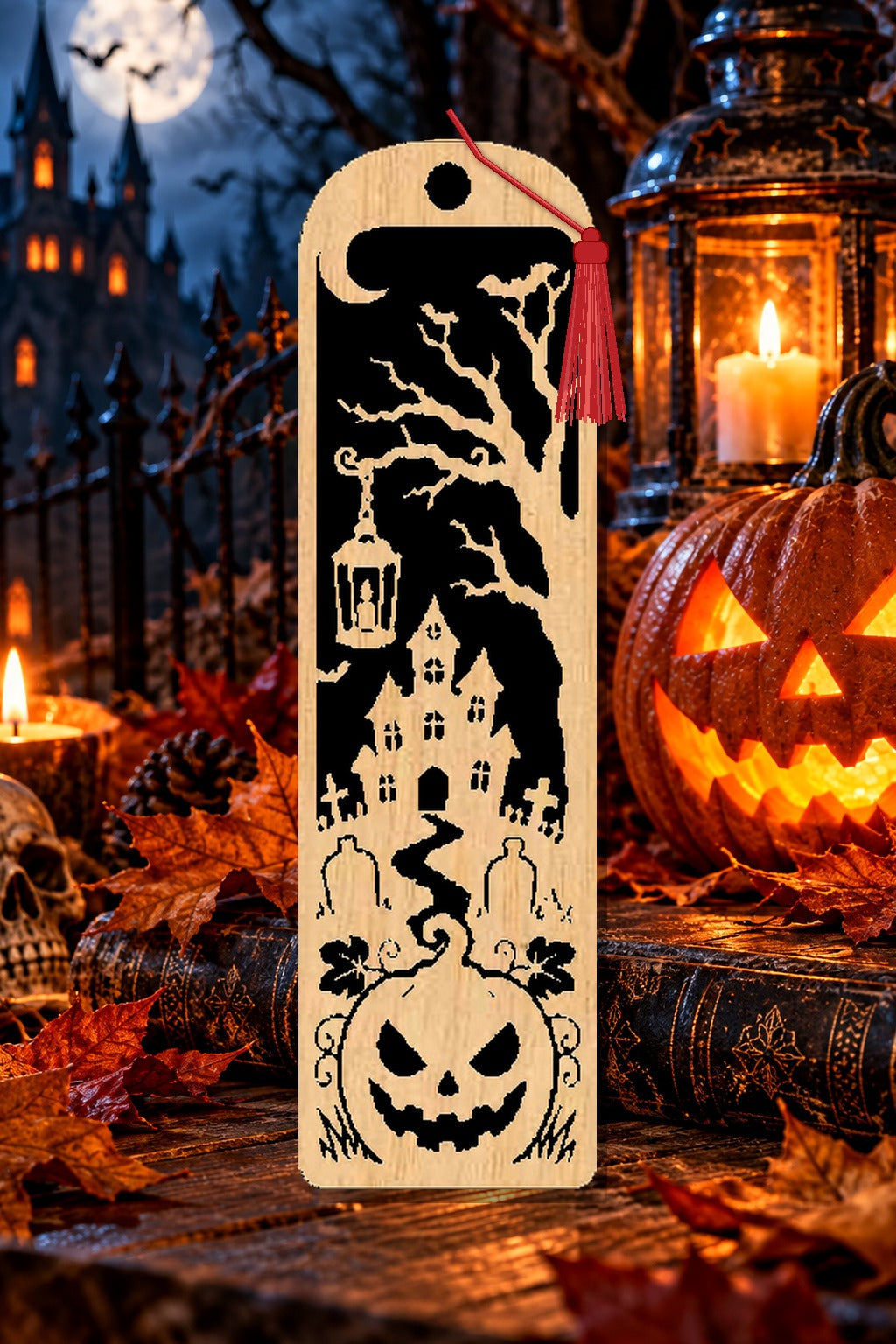Segnalibro Halloween – Castello e lanterna, in legno con nappa rosso