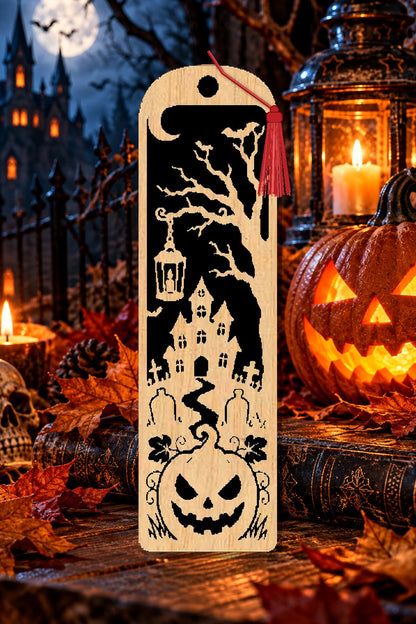 Segnalibro Halloween – Castello e lanterna, in legno con nappa rosso