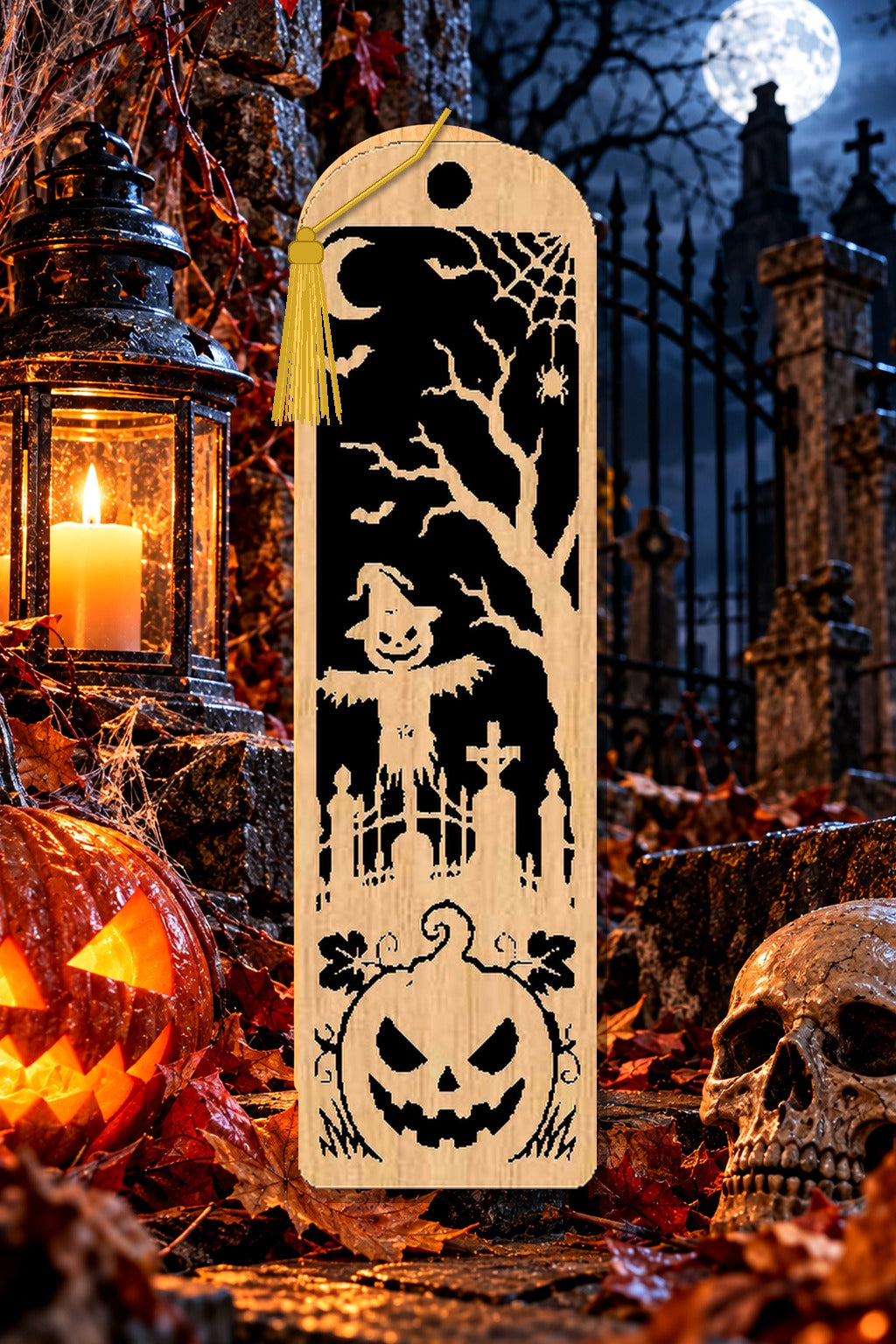 Segnalibro Halloween – Spaventapasseri al cancello, in legno con nappa giallo