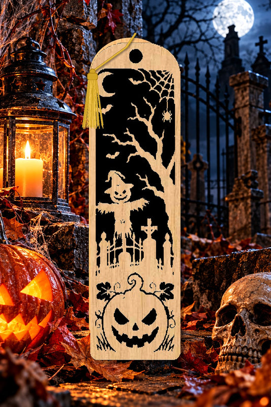 Segnalibro Halloween – Spaventapasseri al cancello, in legno con nappa giallo