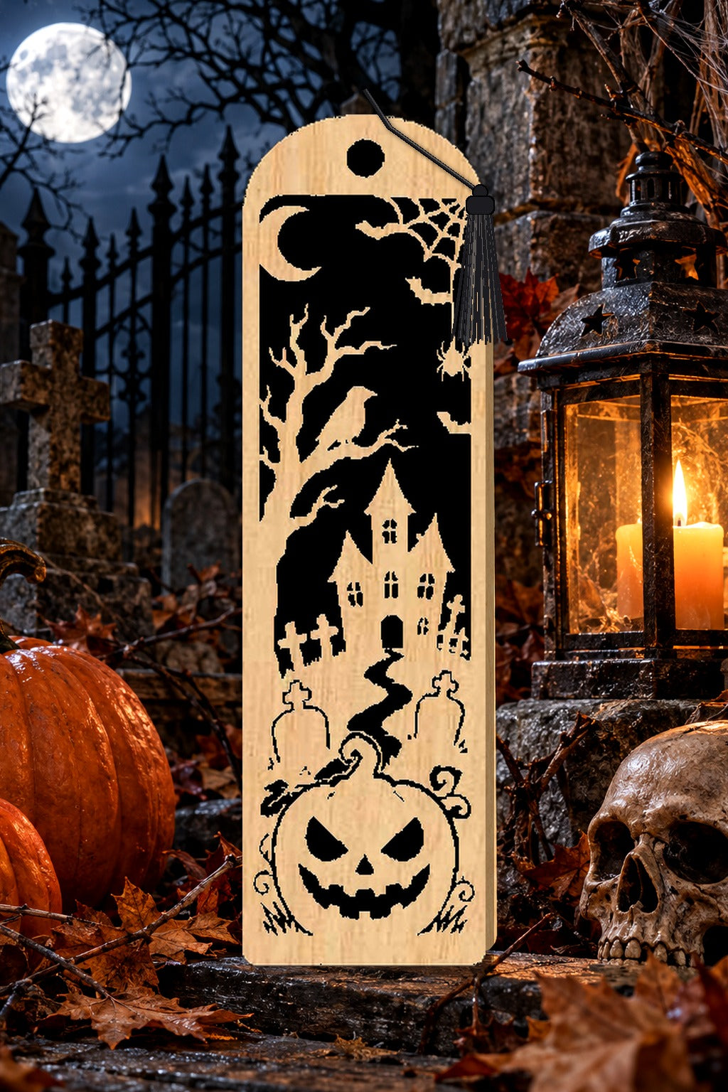 Segnalibro Halloween – Corvo e castello, in legno con nappa nero