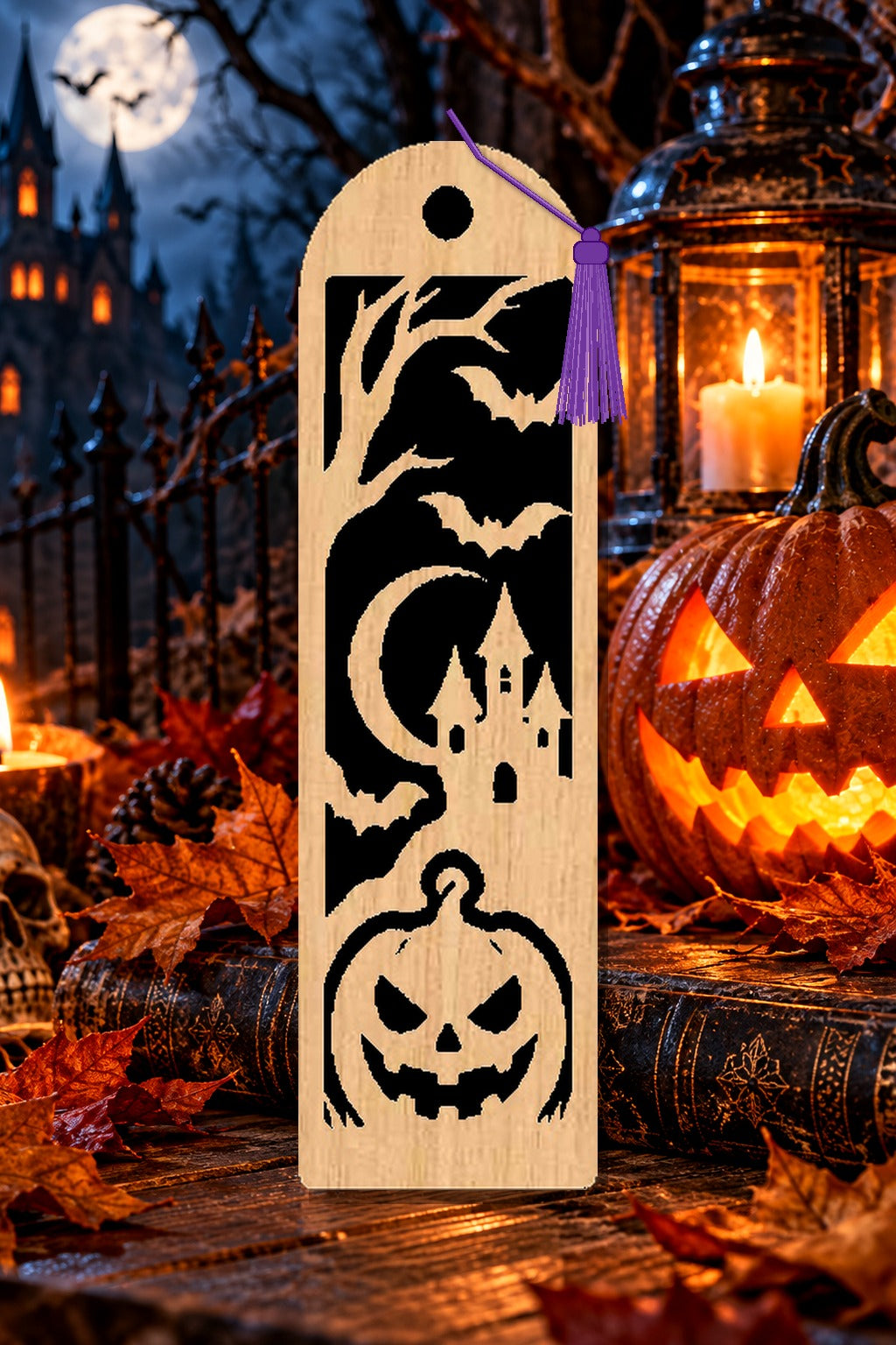 Segnalibro Halloween – Castello sulla luna, in legno con nappa viola