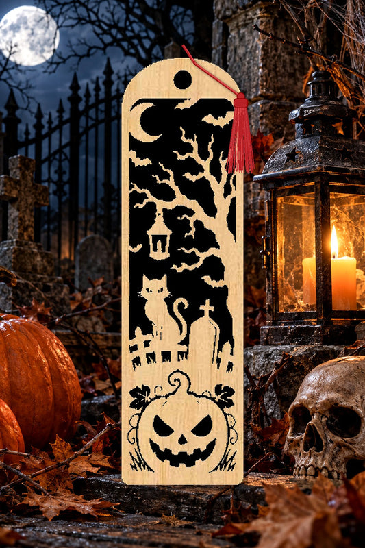 Segnalibro Halloween – Gatto guardiano del cimitero, in legno con nappa rosso